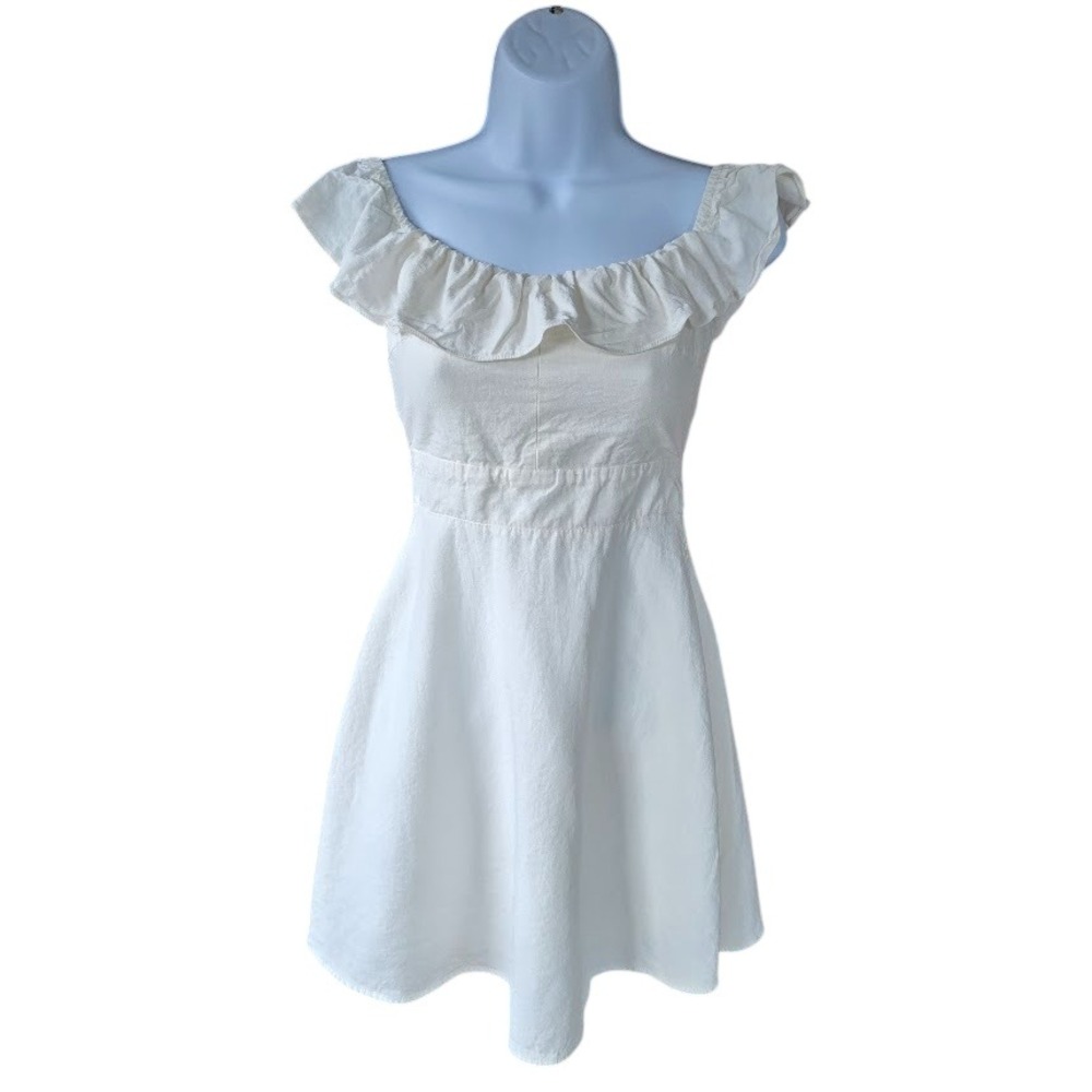 Zara‎ Ruffle Mini Sun Dress Women S Cream Smock Linen Blend Cottagecore Coquette